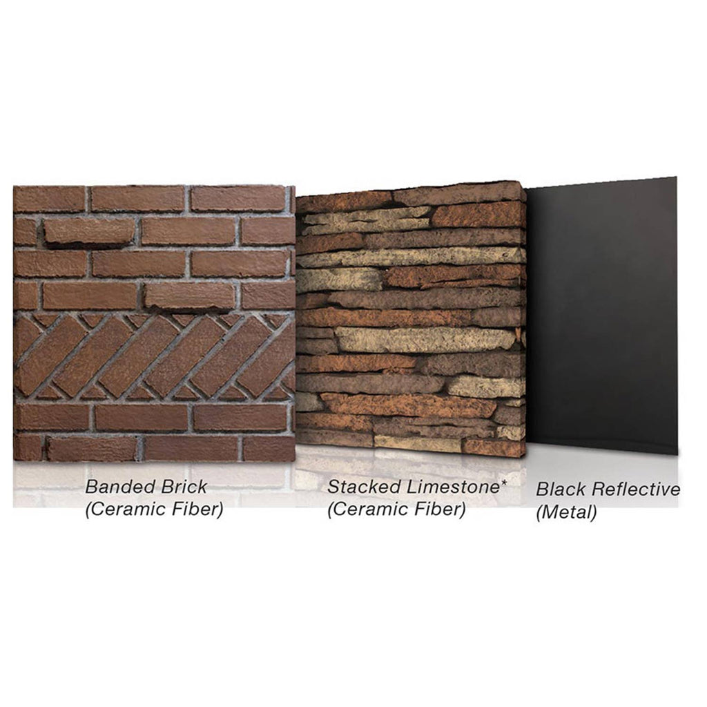 Fireplace lining material samples: banded brick, stacked limestone, and black reflective