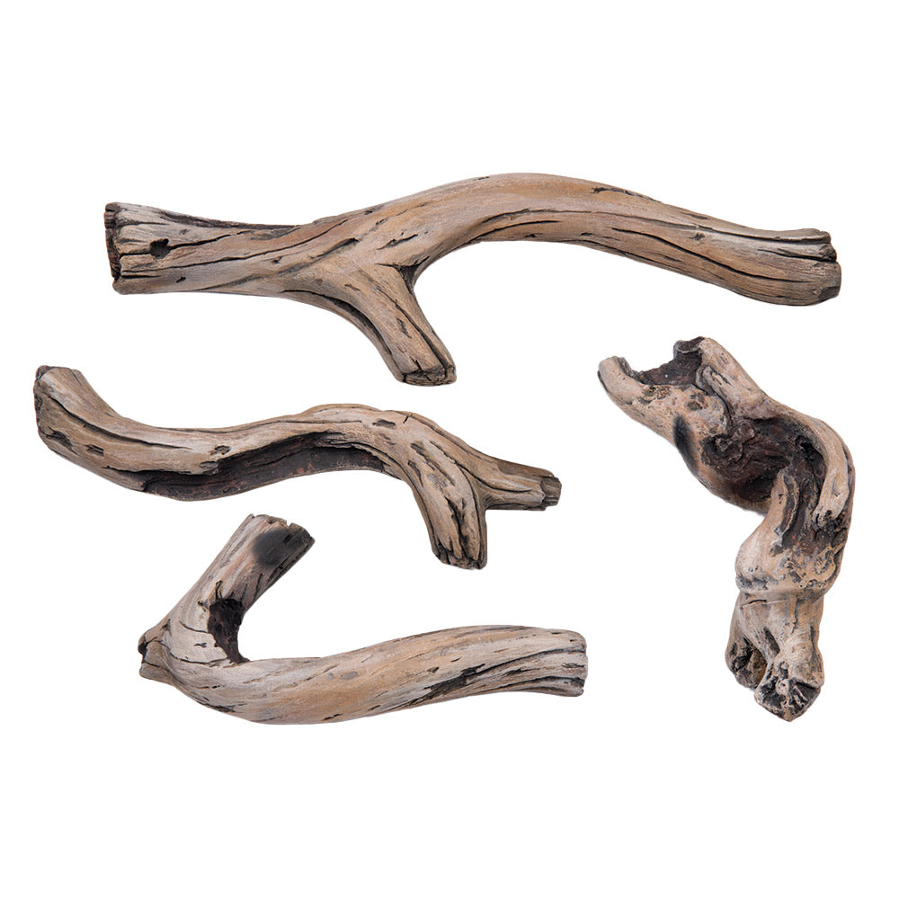 Decorative driftwood log set with four weathered, dark-brown curved pieces