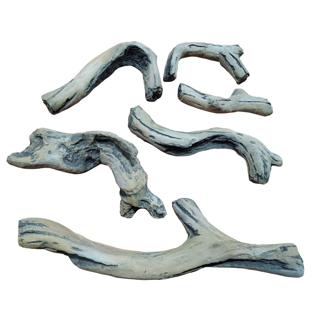 Decorative driftwood log set with blue-gray sculpted logs for gas fireplace