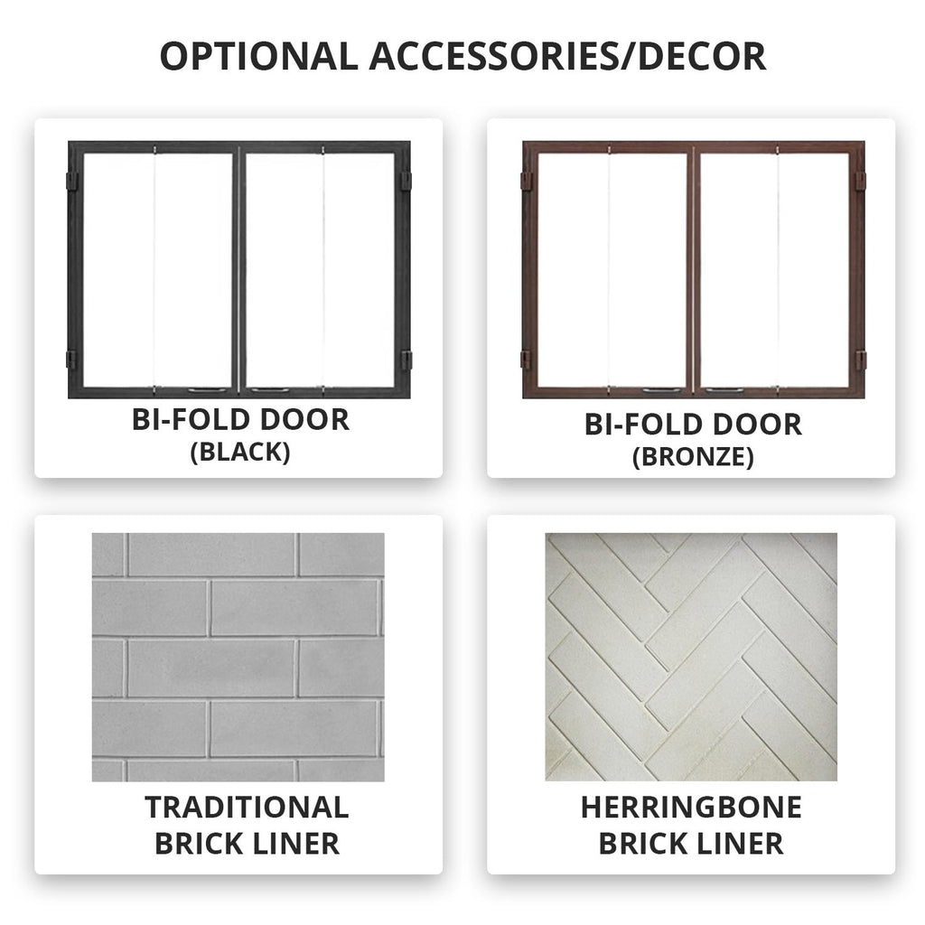 Fireplace bi-fold door frames and brick liner patterns (traditional and herringbone)