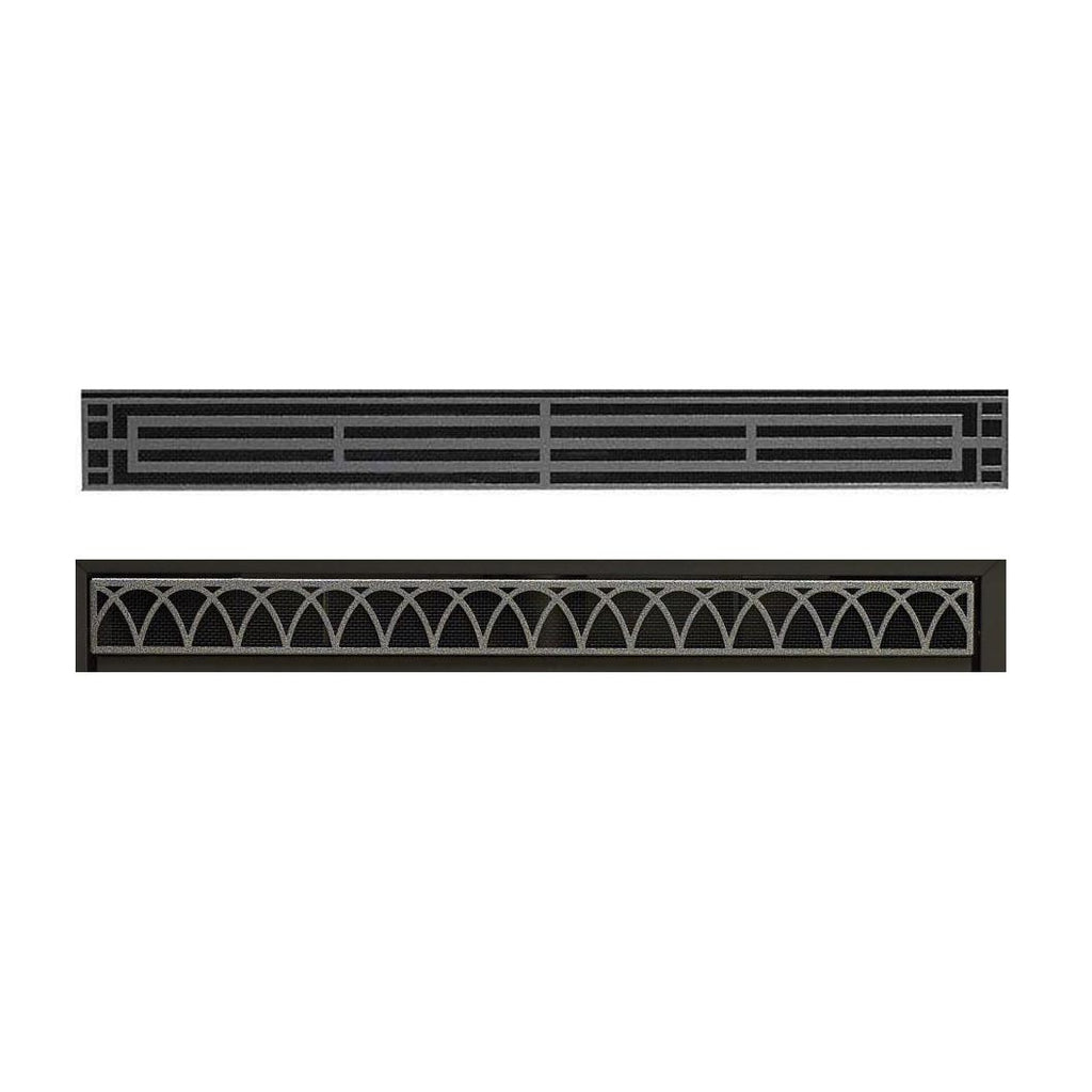 Decorative fireplace louver panel with horizontal slats and geometric border, dark metal