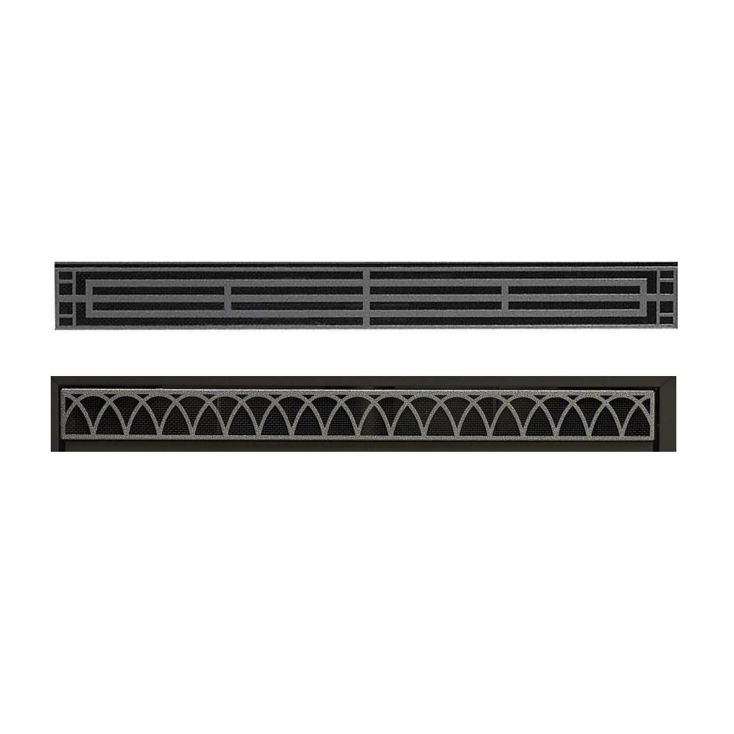 Decorative firebox louvers with horizontal grille and arched cutouts, dark metal
