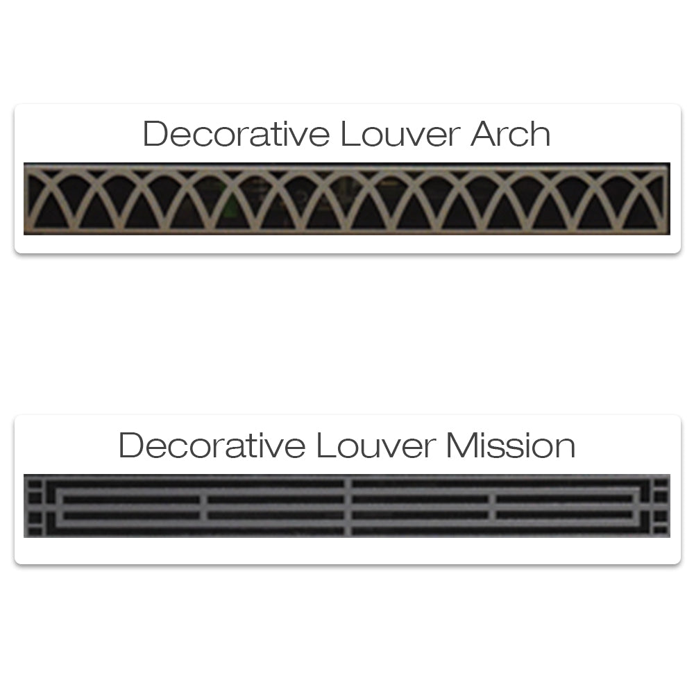 Decorative louver vent covers: arch and mission grille in dark finish