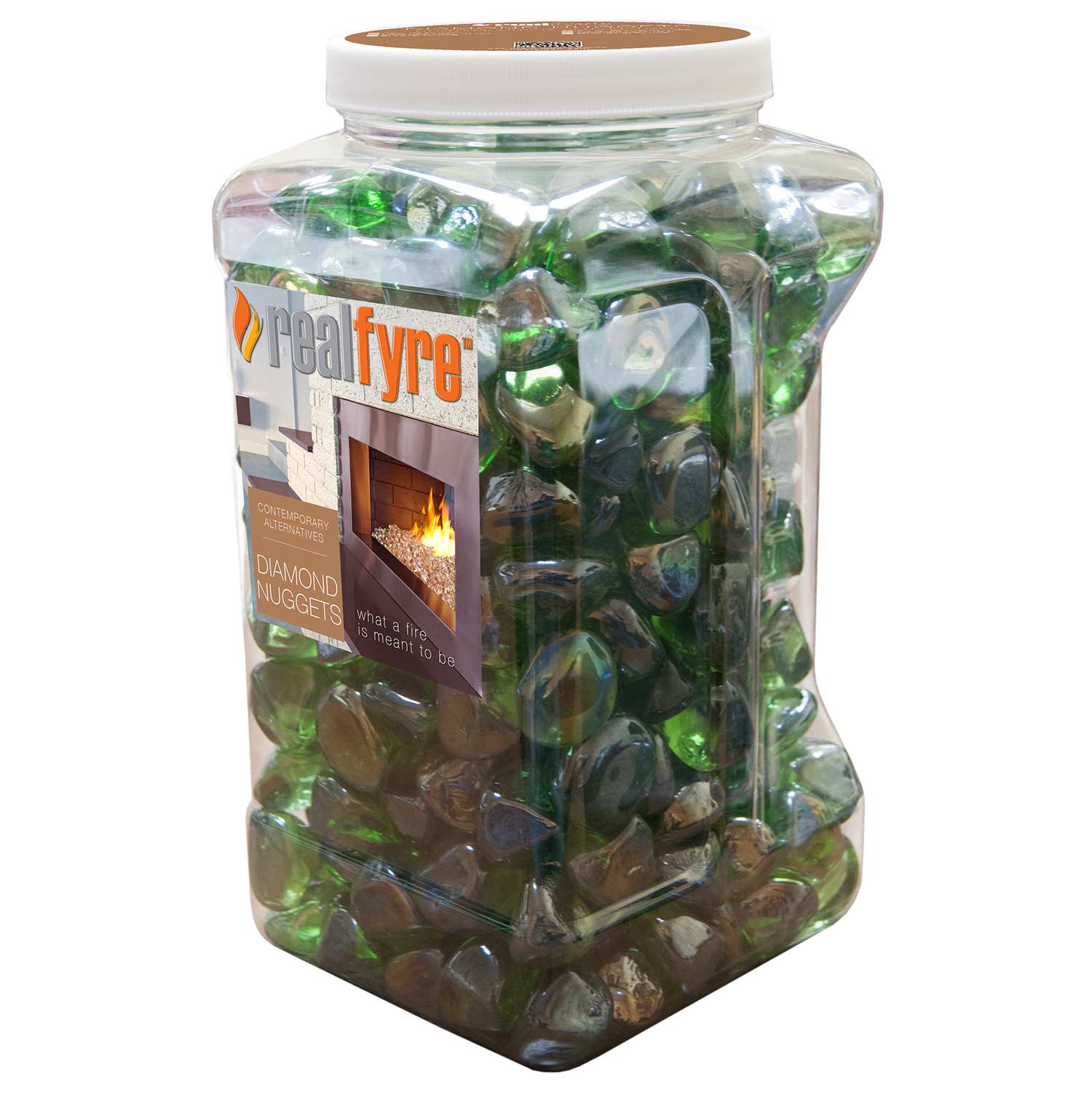 babyfyre glass diamond nuggets in green, packaged jar with screw lid