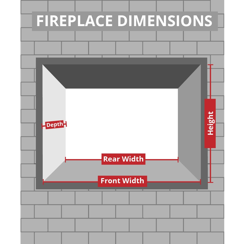Fireplace opening dimensions diagram showing depth, height, and widths for installation