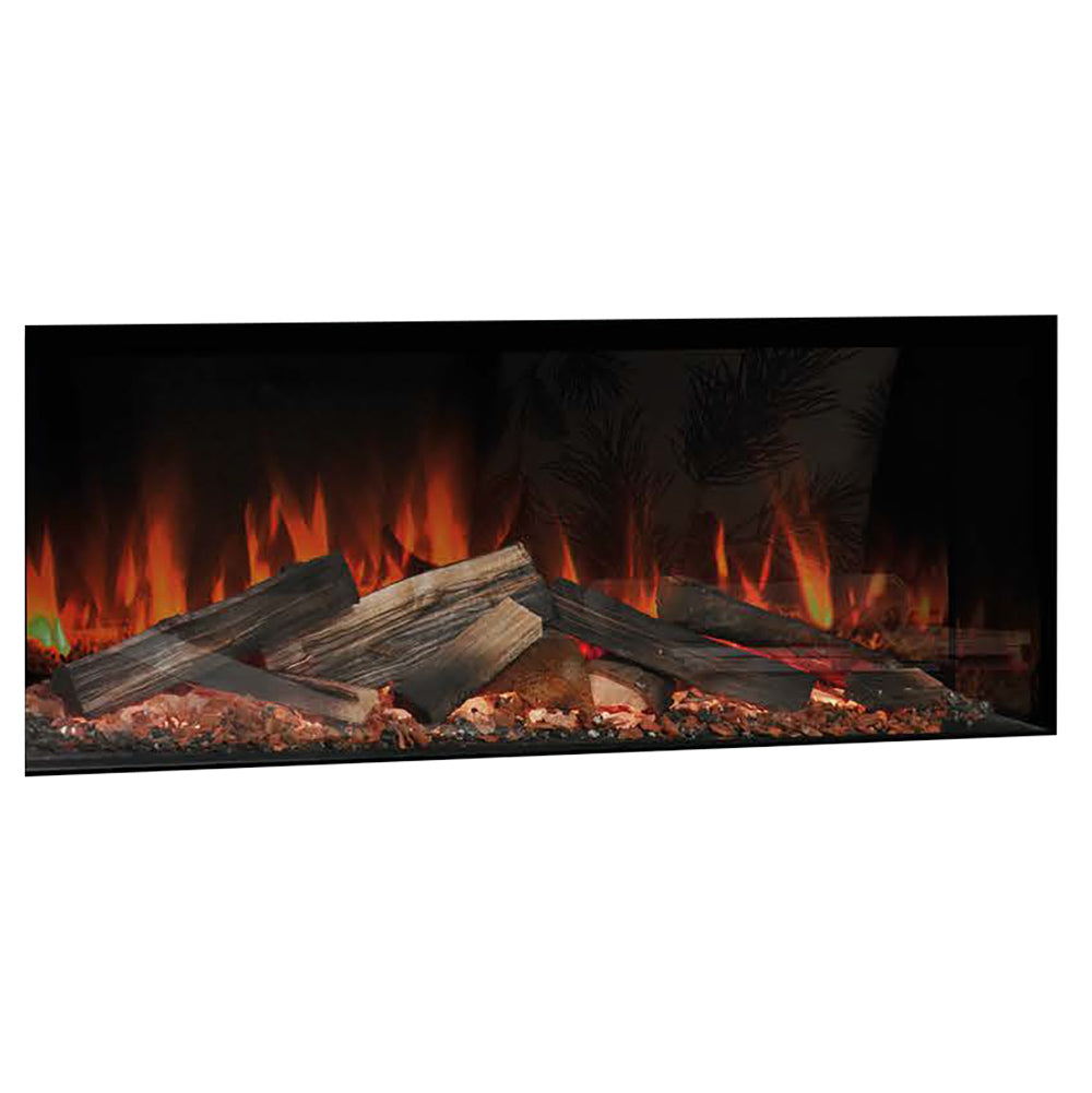 Linear electric fireplace flame display with orange flames and charred logs
