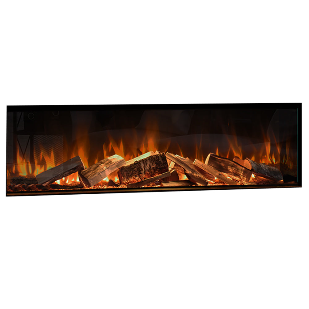 Ortal Evonic 60-inch linear electric fireplace with dark frame and faux log flames