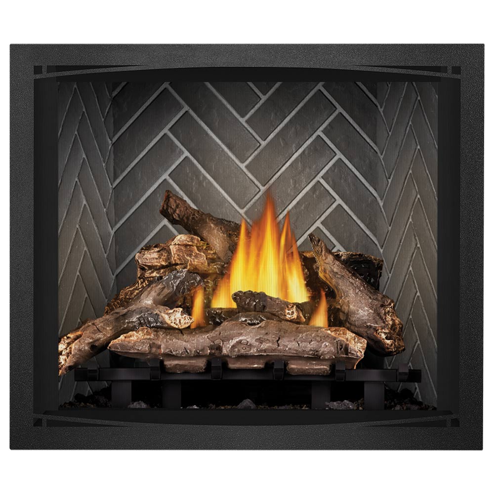 Gas fireplace with black frame and glowing flames over split oak logs