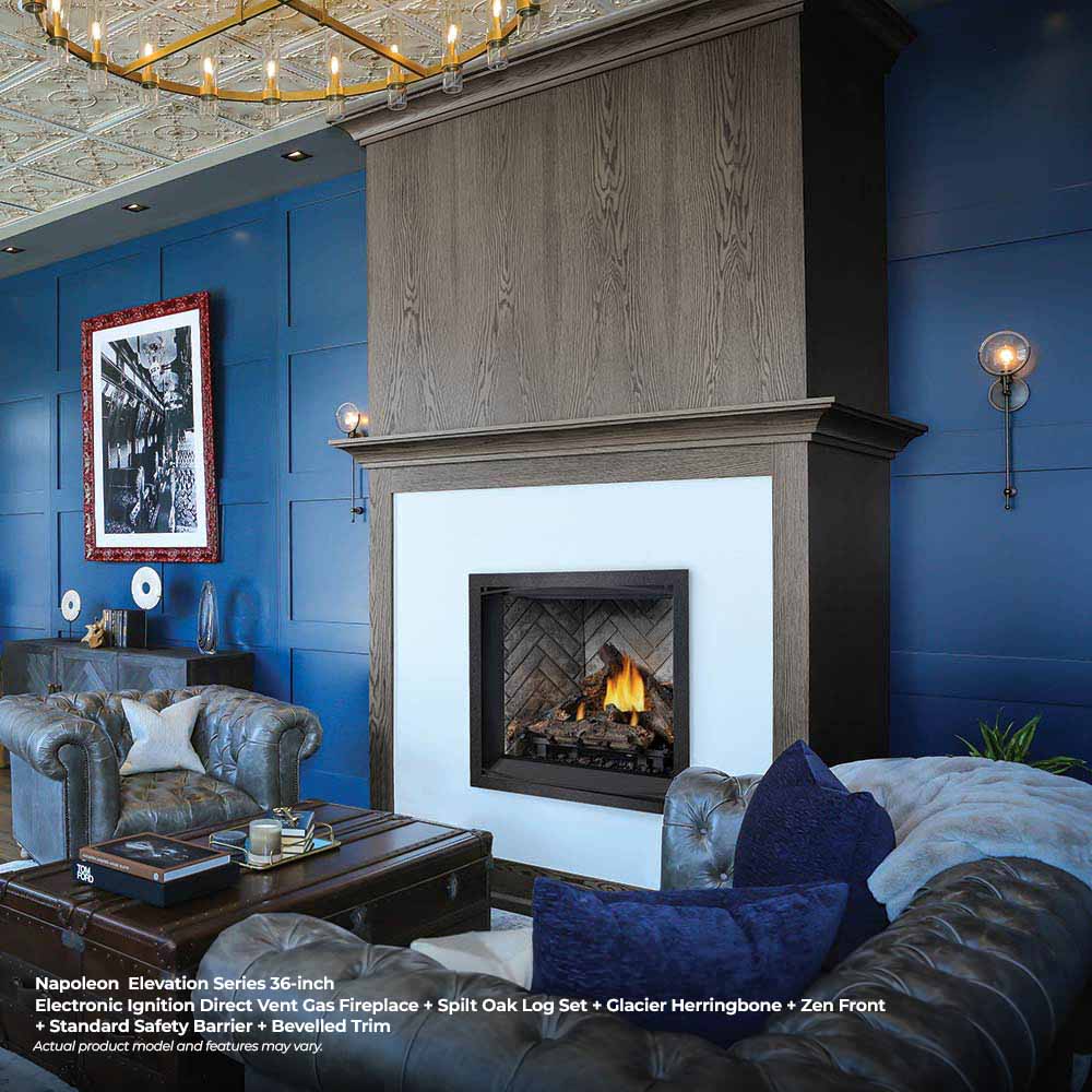 Direct vent gas fireplace with dark firebox, black glass front, and mantel surround