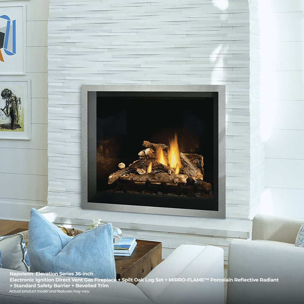 Direct vent gas fireplace with black glass front, dark firebox, and bright flames