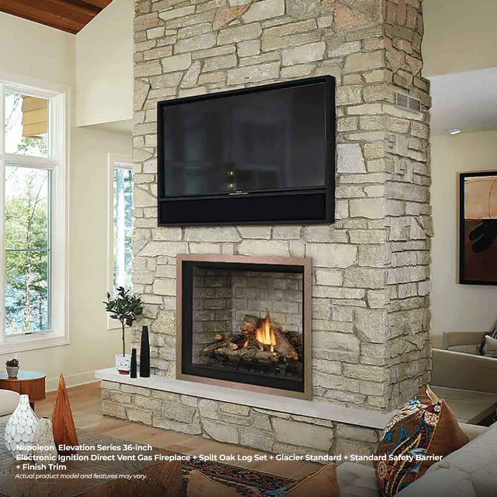 Direct vent gas fireplace with black glass front, stone surround, and burning logs