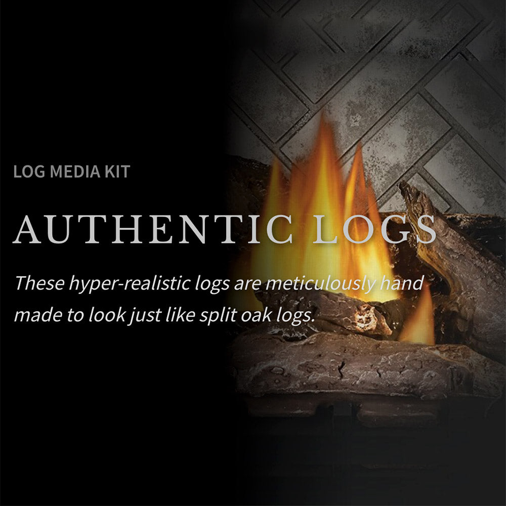 Gas fireplace log media kit with realistic split oak logs and active flames