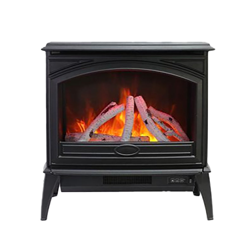 Freestanding electric fireplace with black cast-iron cabinet, three faux logs and orange flames