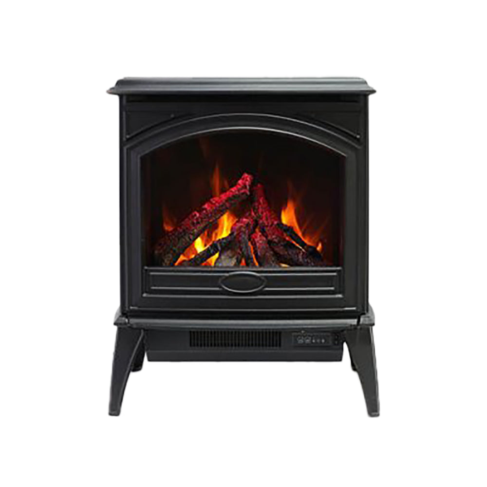 Freestanding Amantii electric fireplace, black cast-iron style with glowing flame and faux logs