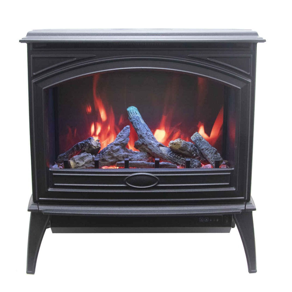 Black freestanding cast-iron electric stove with arched glass and glowing flame log set