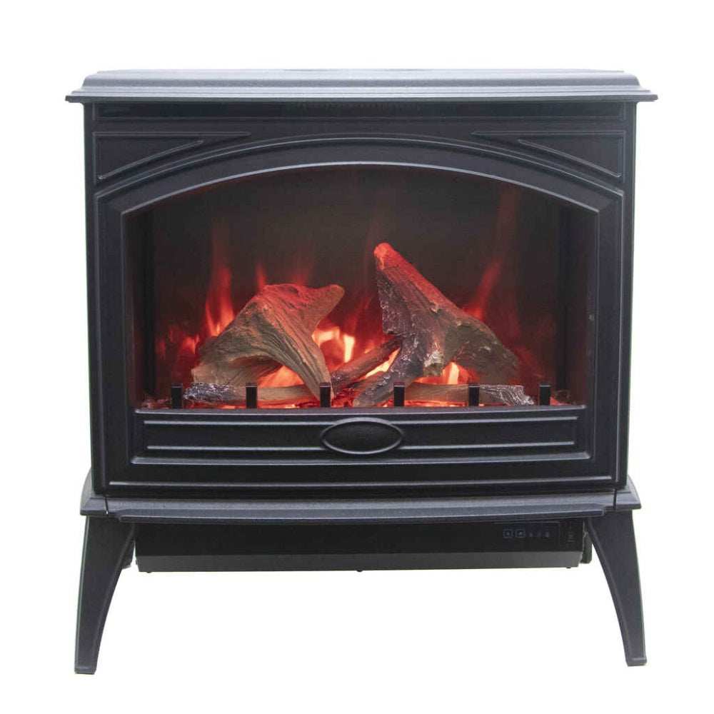 Black freestanding cast-iron electric stove with arched glass window and burning logs