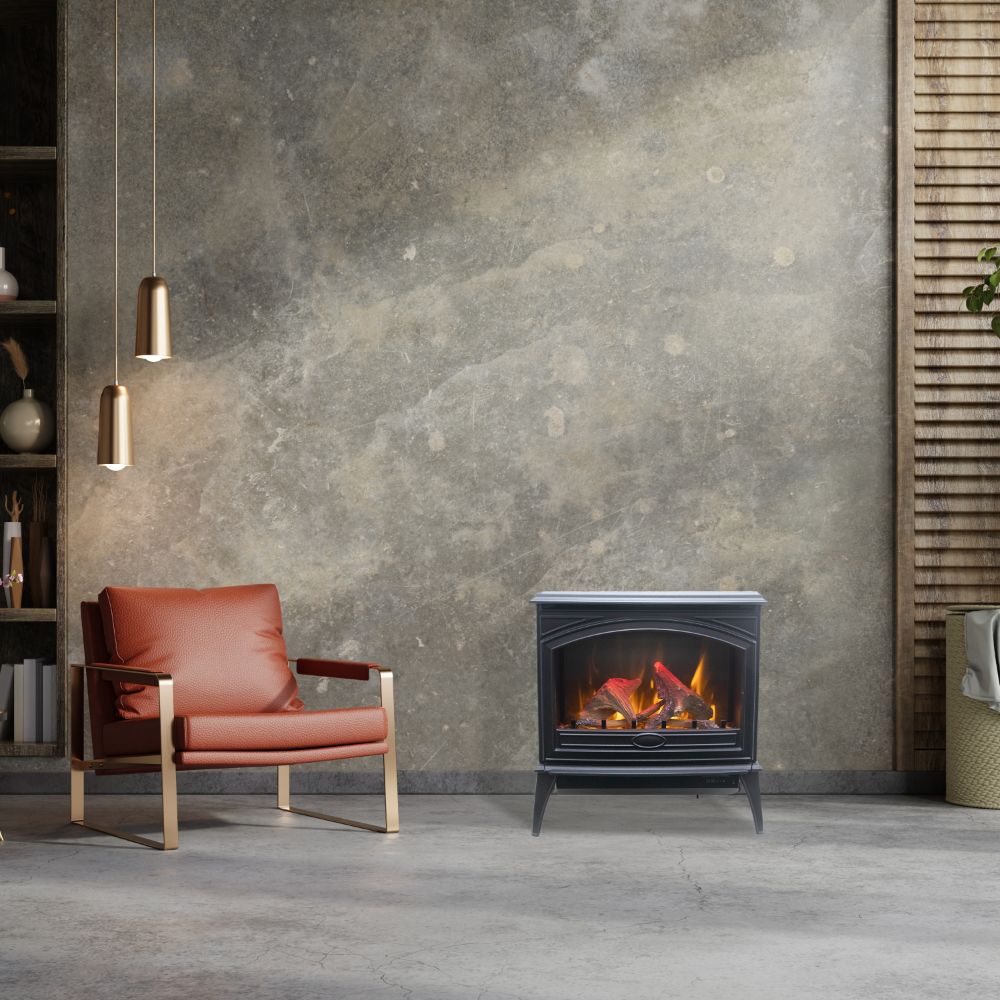 Black freestanding electric stove fireplace with arched glass and visible flame embers