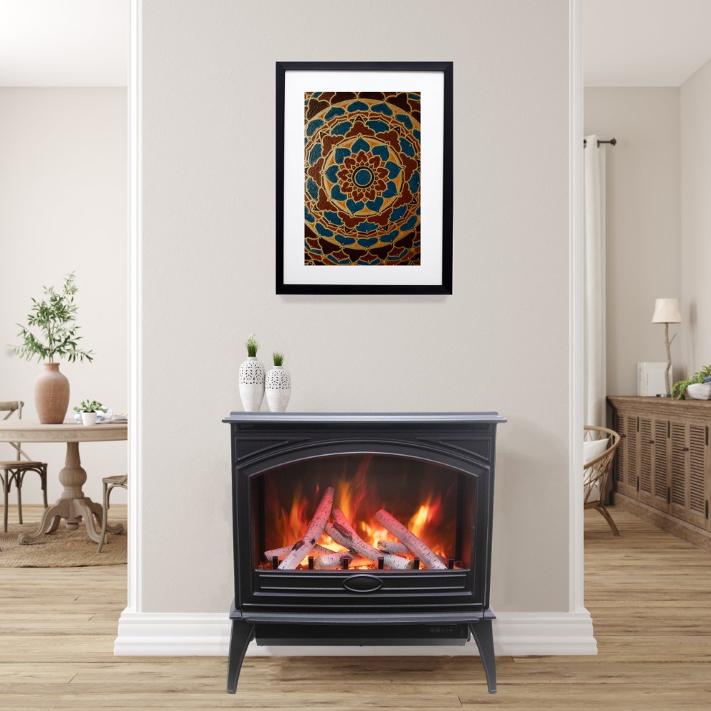 Black freestanding electric stove fireplace with arched front glass and burning logs