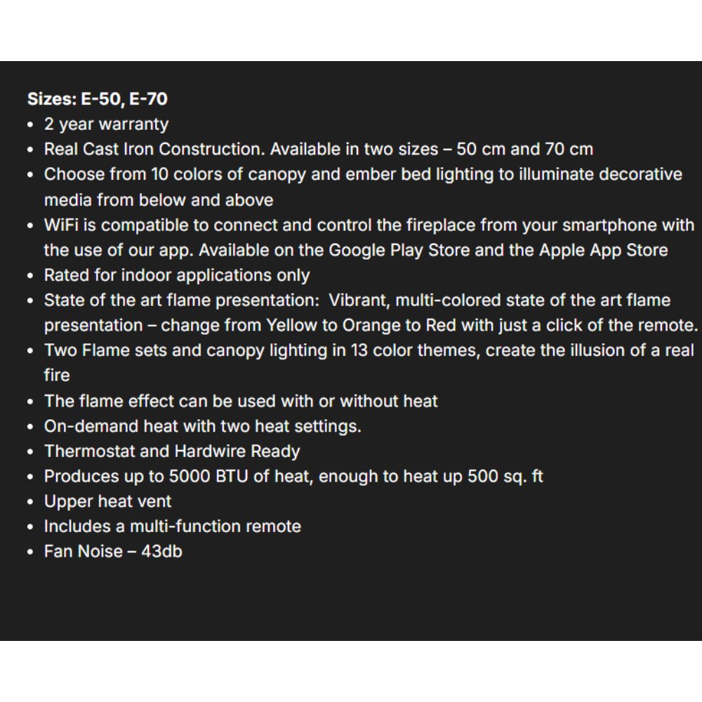 Black spec panel listing E-50/E-70 sizes, warranty, and multicolor flame settings