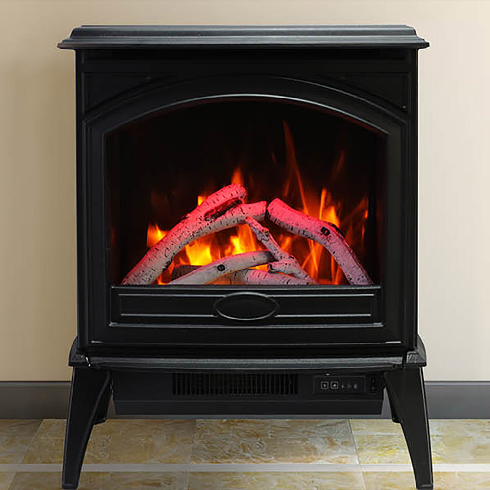 Freestanding electric fireplace in black cast-iron look, glowing flames with control panel base