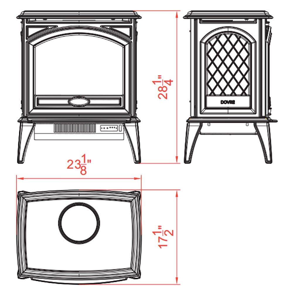 Freestanding electric fireplace dimension diagram, front and side views with measurements