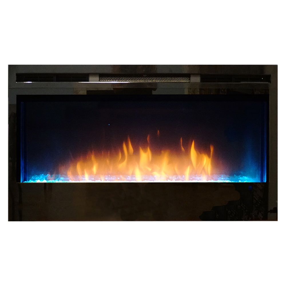 Linear electric fireplace with glowing orange flames and blue LED ember strip