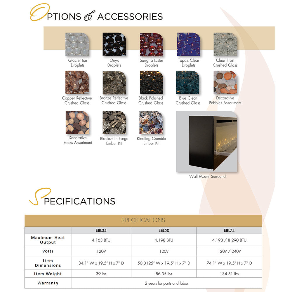 White Mountain Hearth EBL50 Nexfire 50-Inch Linear Electric Fireplace with LED Lights, Valve and Crushed Glass