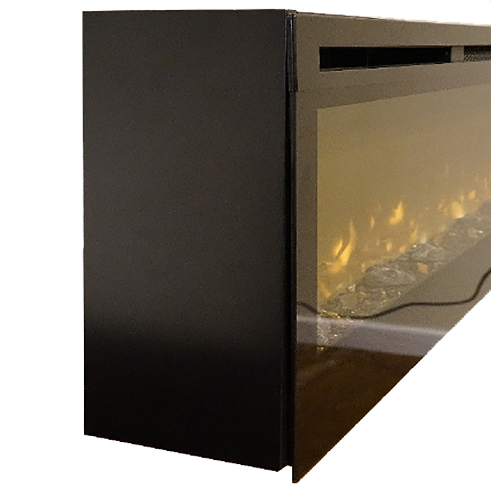 Black fireplace surround panel for a linear electric fireplace, side view