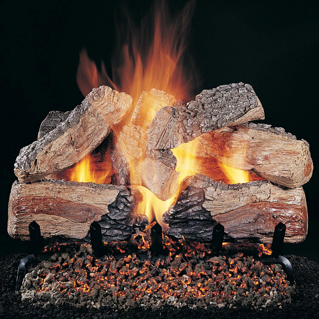 Realistic fireplace log set with glowing embers and orange flames