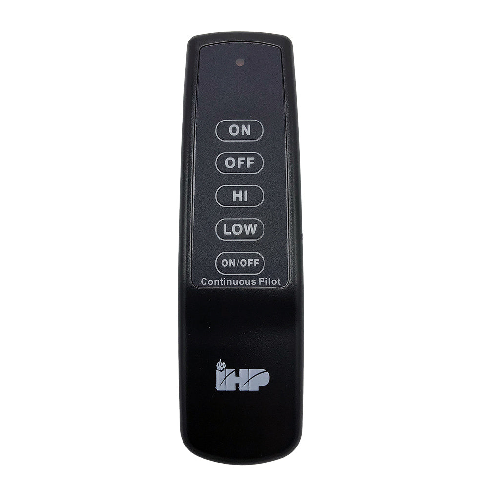 Black fireplace remote with ON, OFF, HI, LOW and continuous pilot