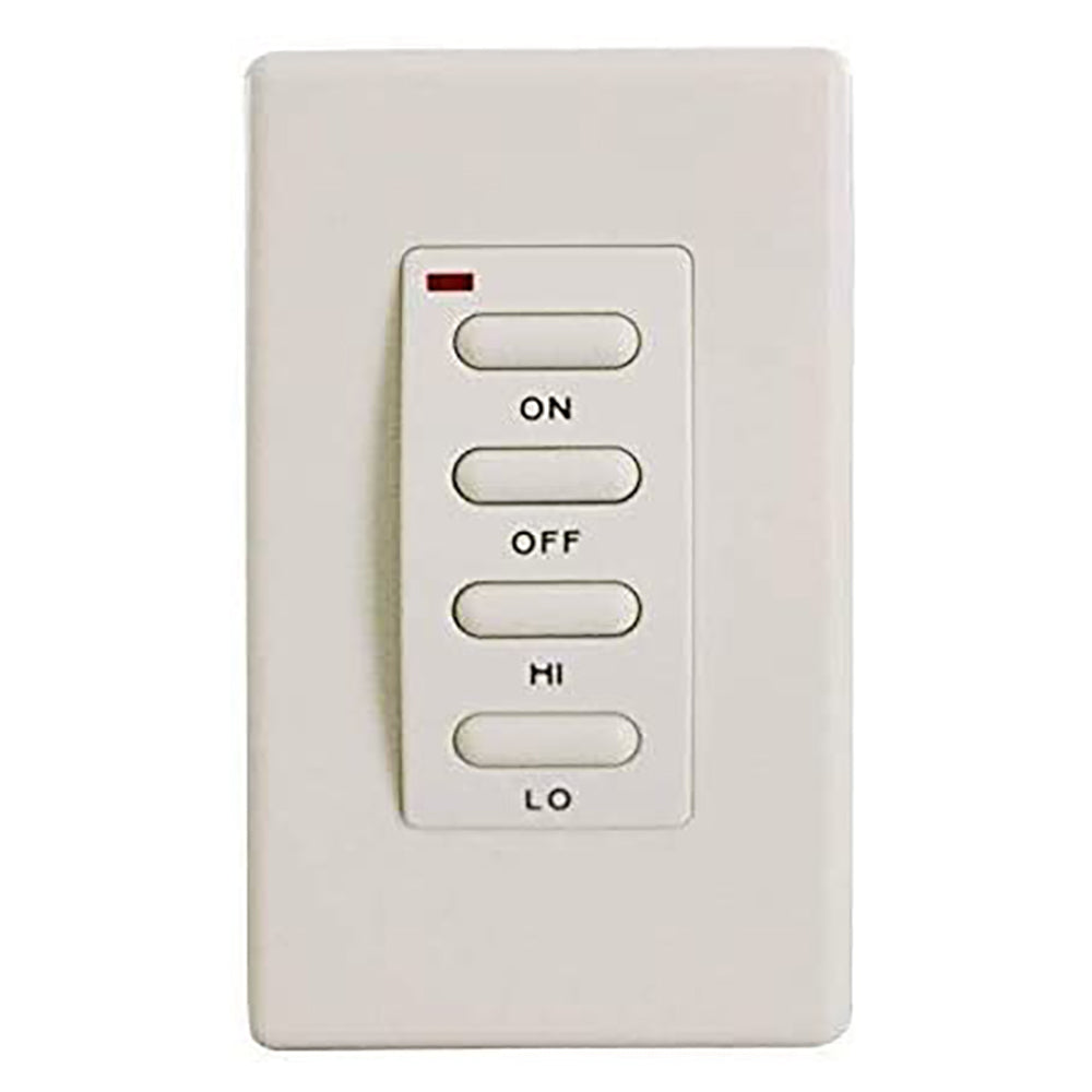 Wireless fireplace wall switch with ON, OFF, HI, and LO buttons and red indicator