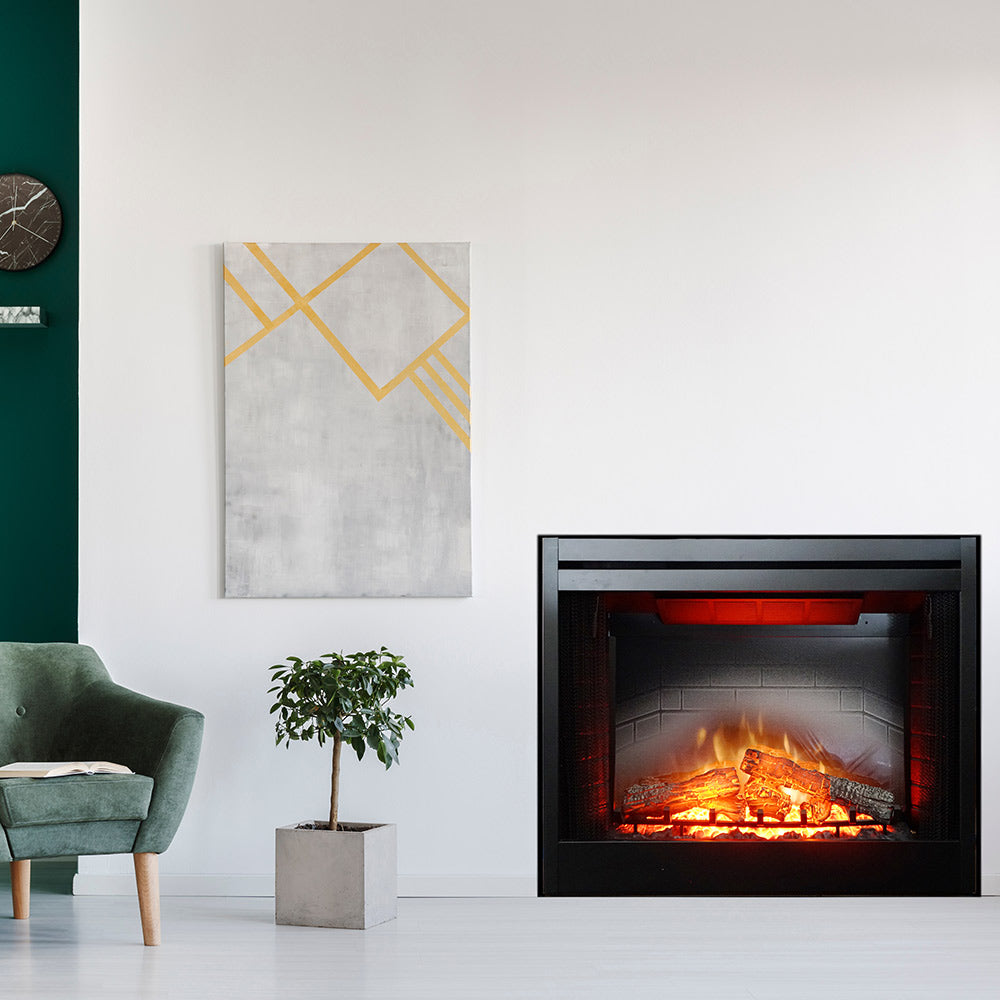 Electric fireplace with inner glow log set and brick liner, black frame