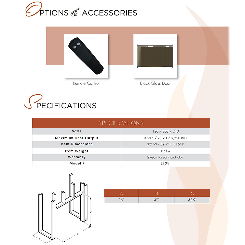 Electric fireplace remote control and black glass door accessory