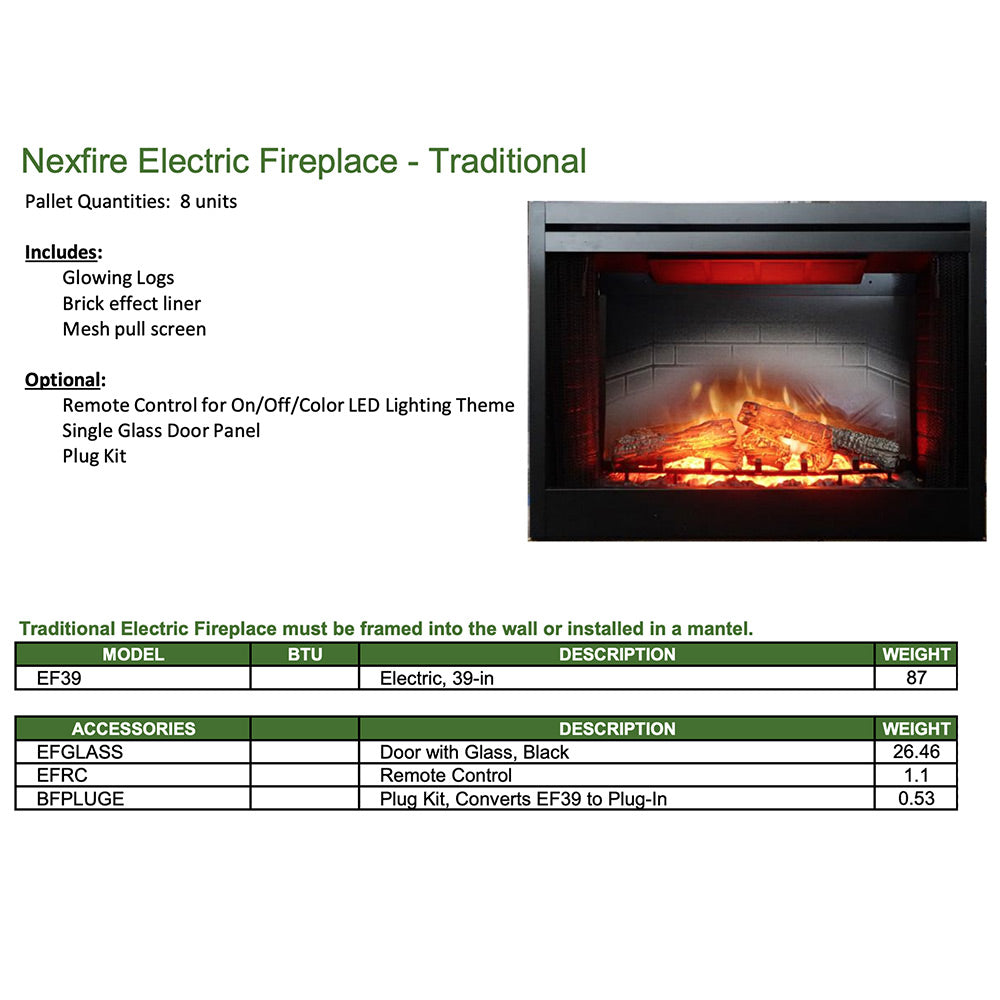 White Mountain Hearth Nexfire 39-Inch Traditional Electric Fireplace with Inner Glow Log Set and Brick Liner