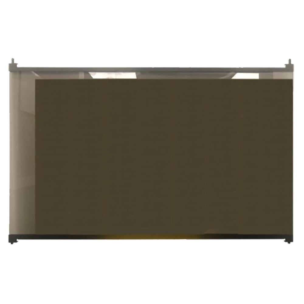 Black glass fireplace door panel with metal frame and hinges