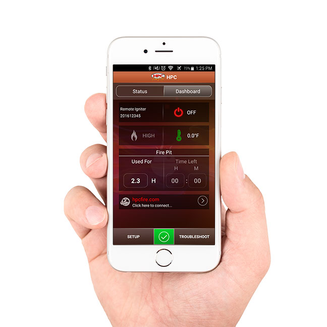 Smartphone app screen showing remote ignition status and temperature control