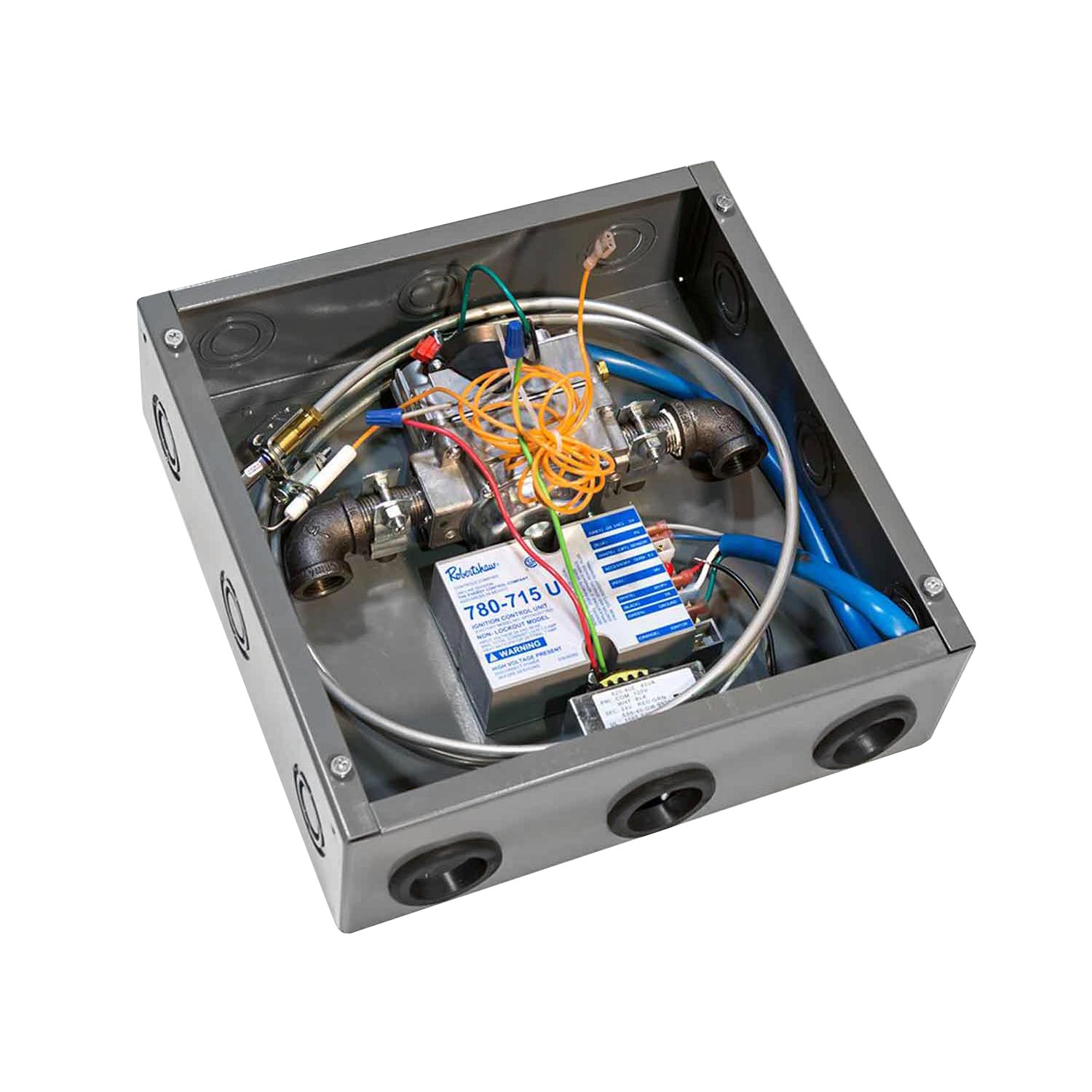 Gas log burner housing with stainless tubing, wires, and metal fittings inside