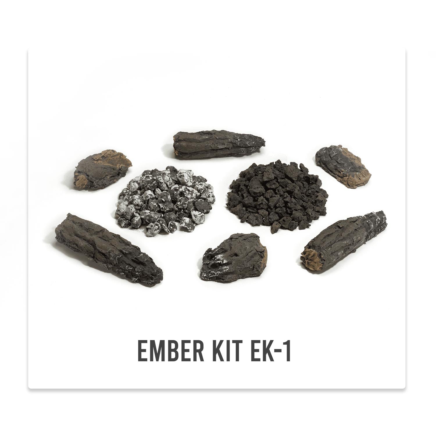 Ember kit with dark rocks and ember pieces for fireplace