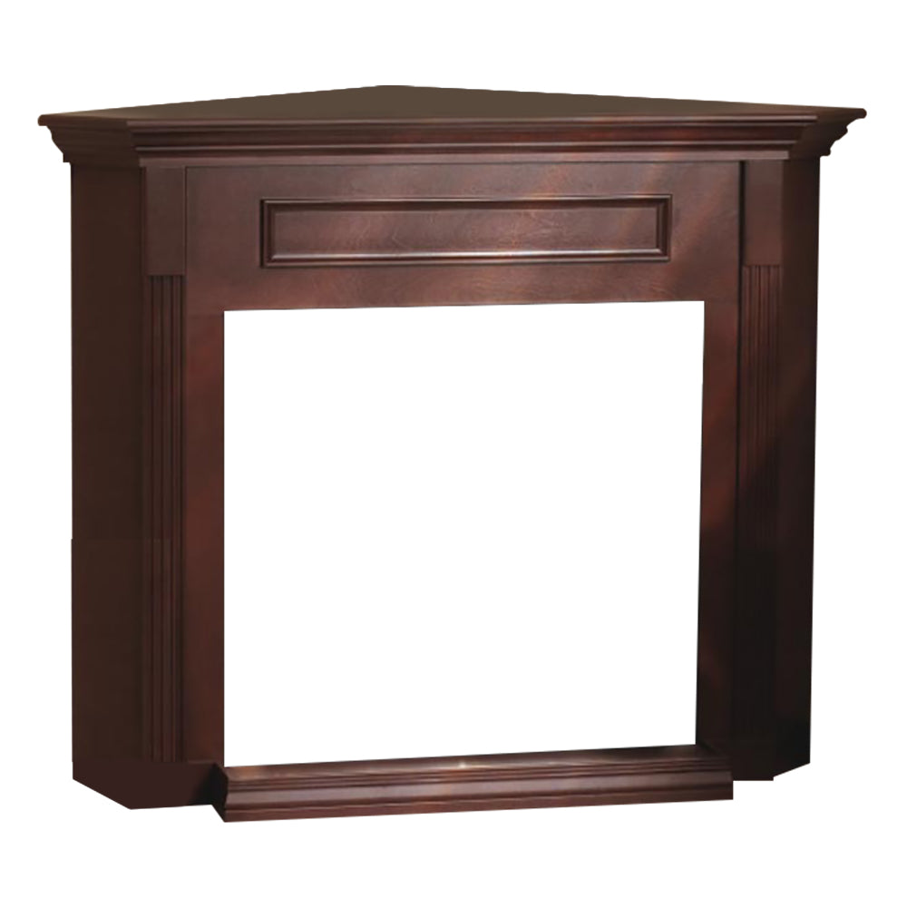 Corner cabinet mantel base, dark wood with rectangular panel molding