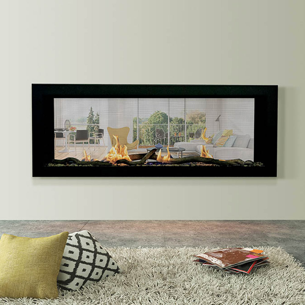 Linear built-in see-through gas fireplace with black frame and lit burner