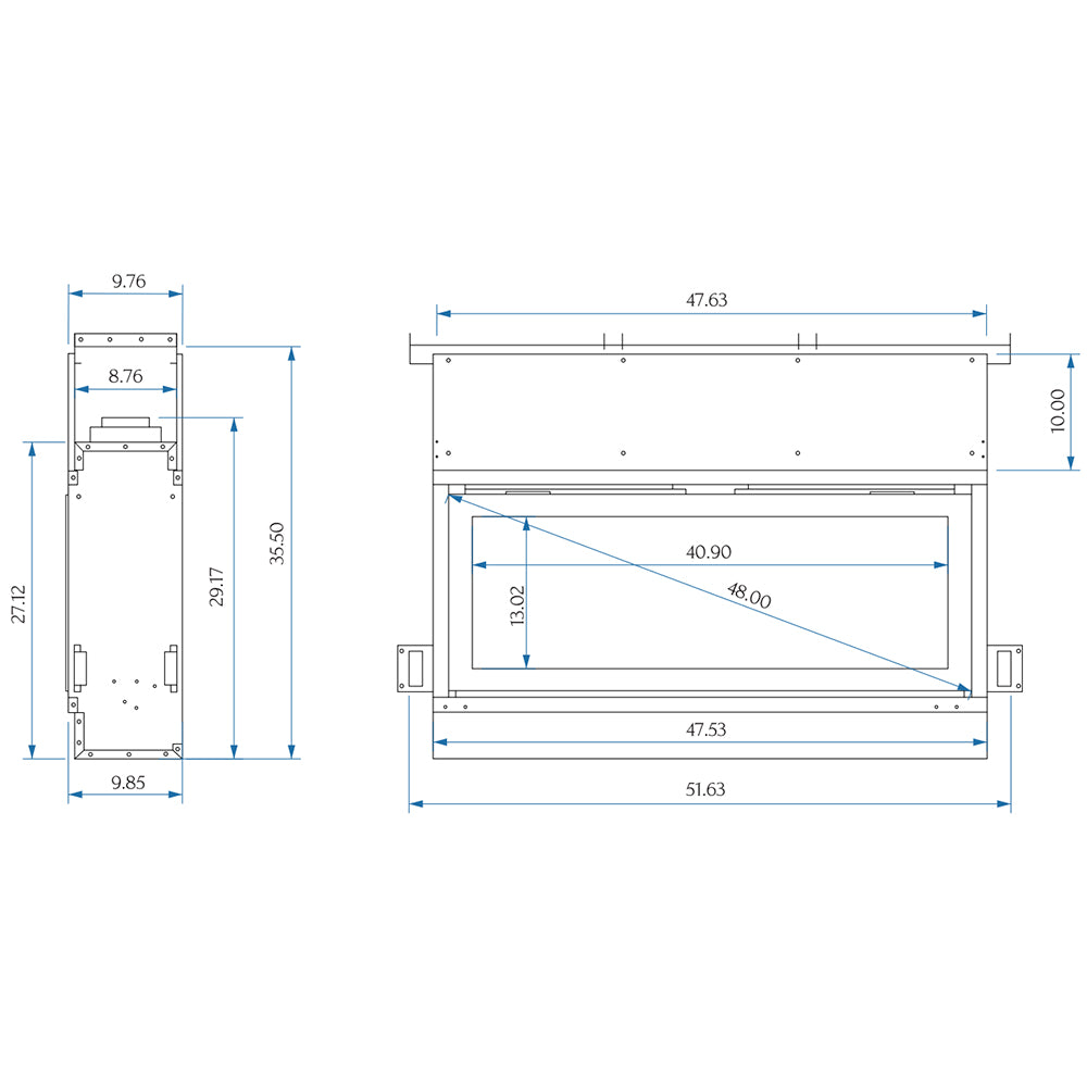 Linear built-in gas fireplace dimension diagram with rectangular frame