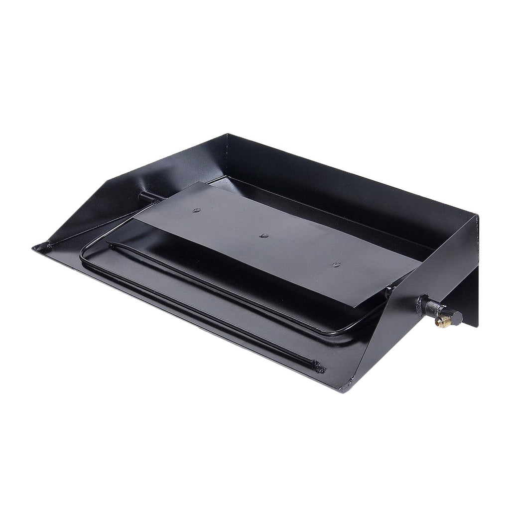 Black metal fireplace log set base tray with side hardware and brackets