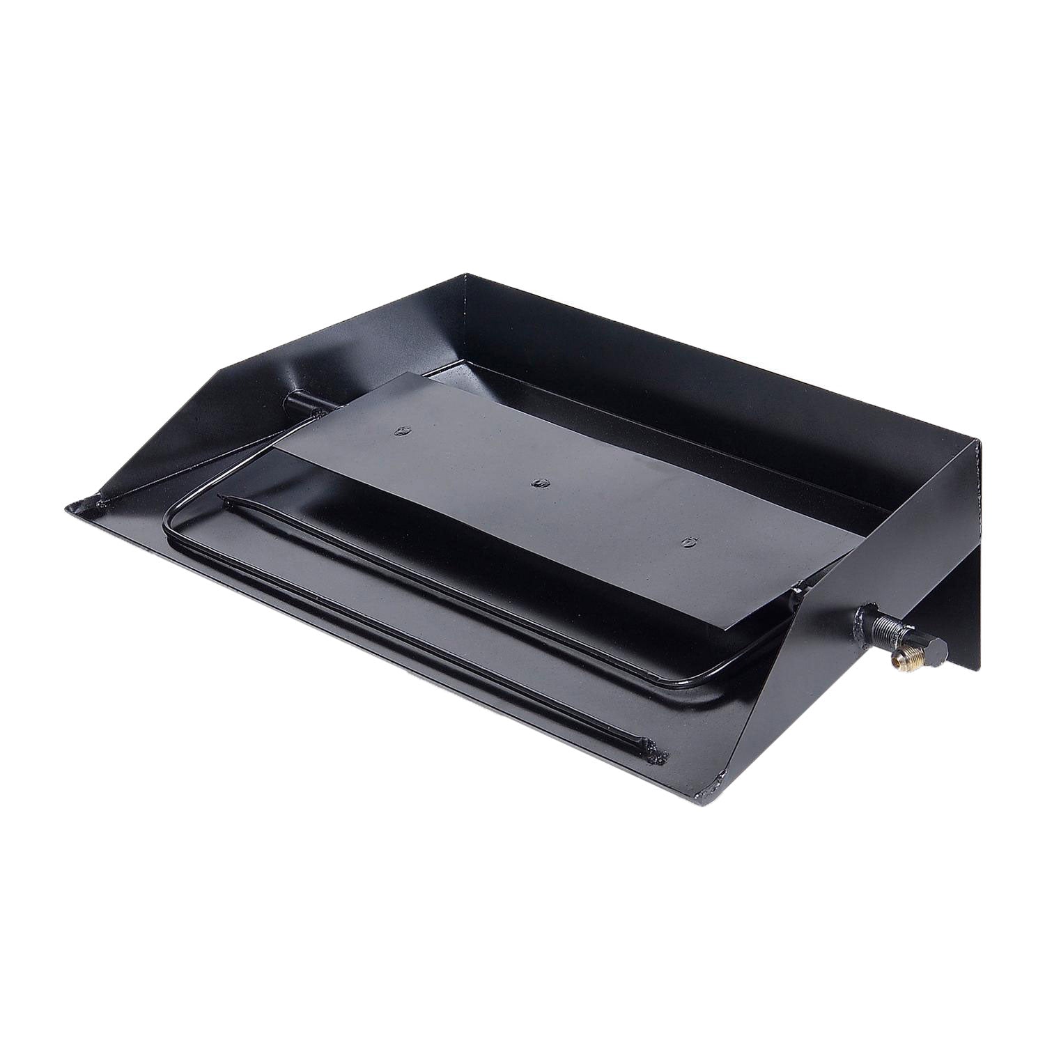 Black metal fireplace log set base tray with side hardware and brackets