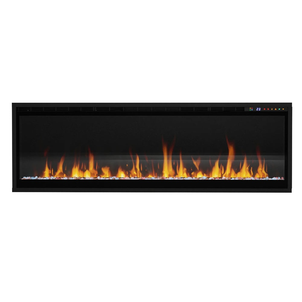 Linear electric fireplace, black frame with glowing orange flames, straight-on view