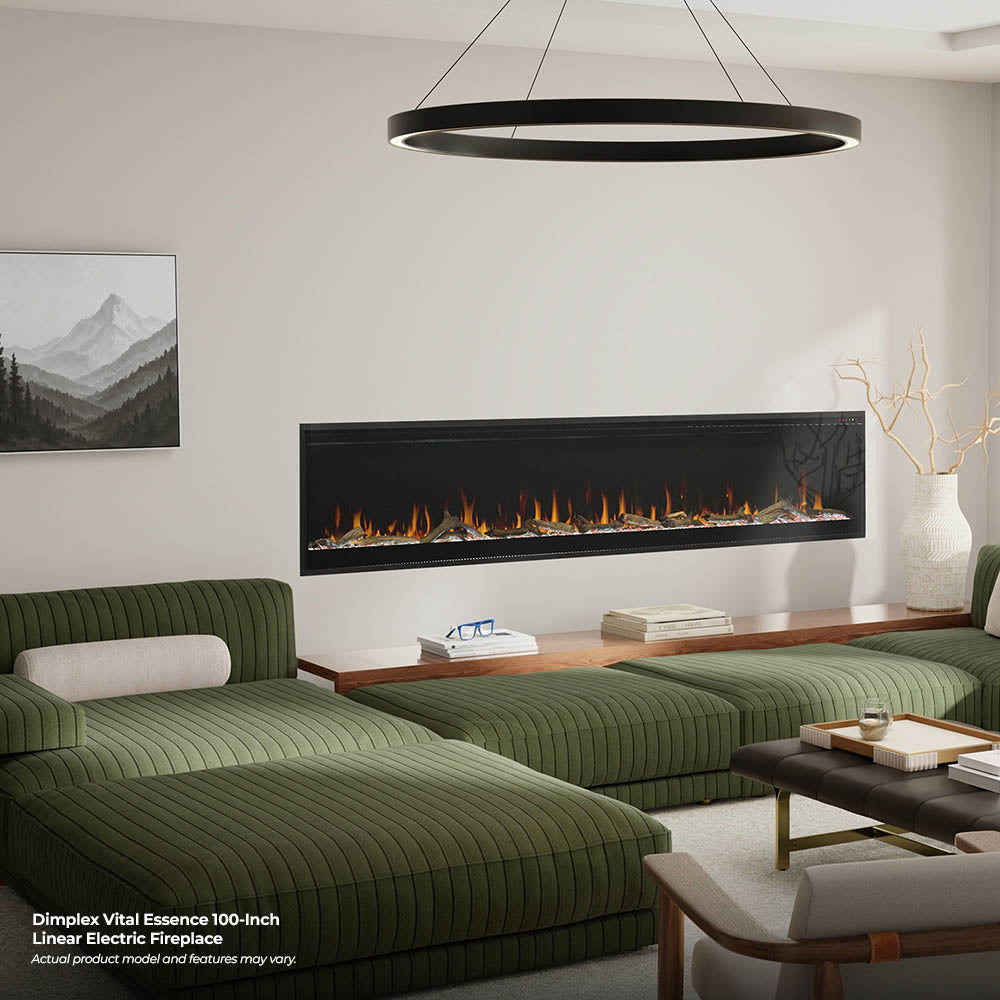 Wall-mounted Dimplex linear electric fireplace with black surround and flame display