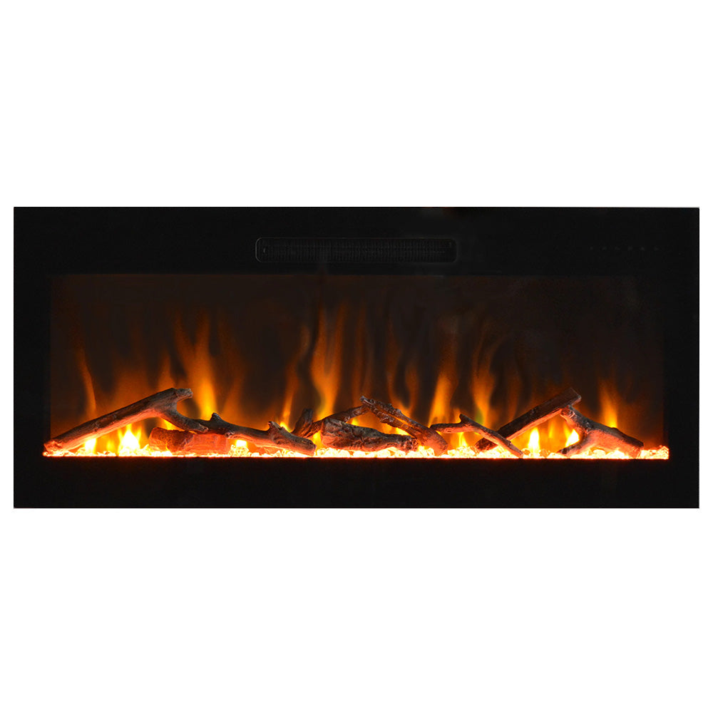 Built-in electric fireplace flame effect in a black glass-front frame.
