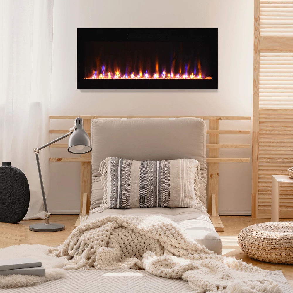 Wall-mounted built-in electric fireplace with black trim and realistic flame glow.