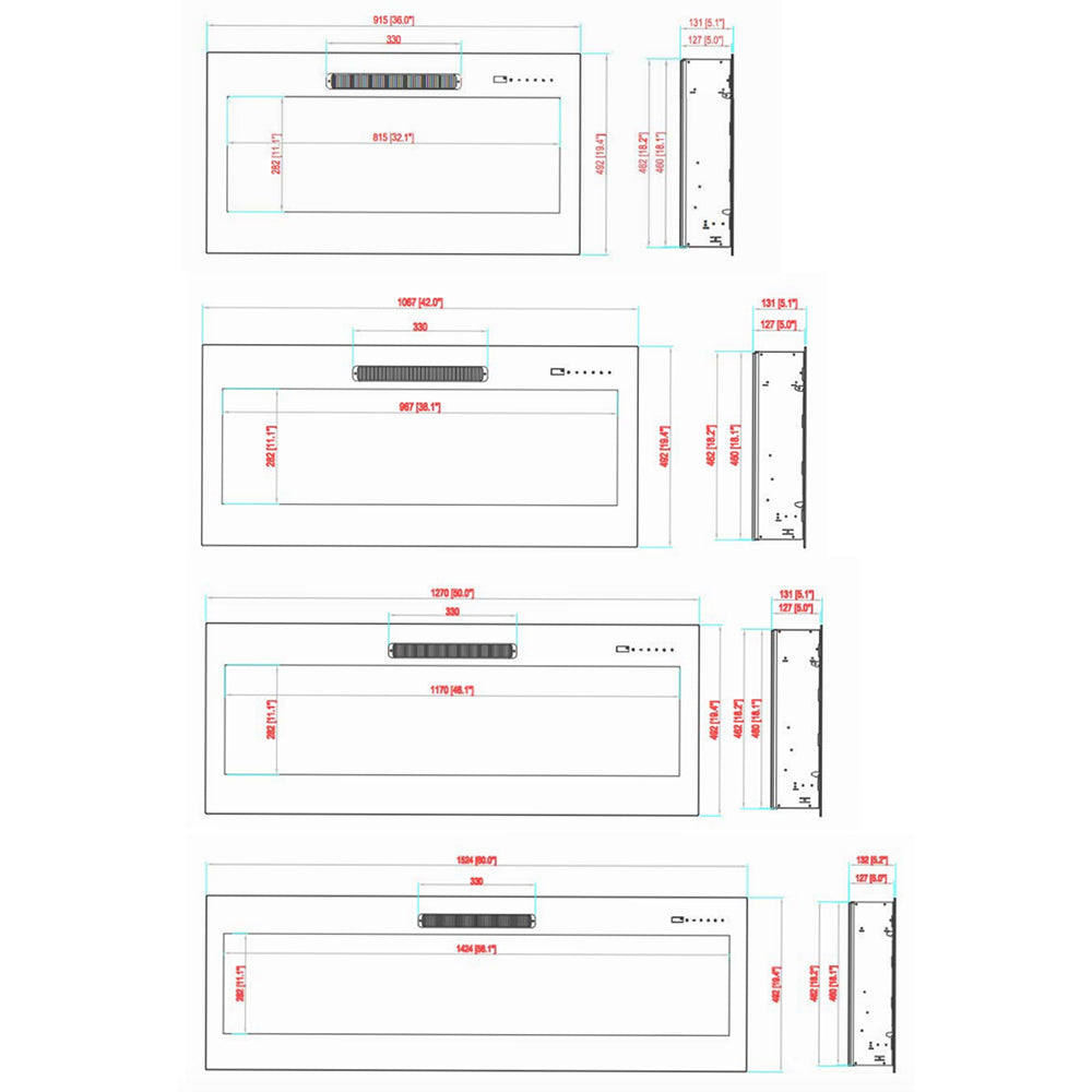 Built-in electric fireplace installation diagram with dimensions and side view.