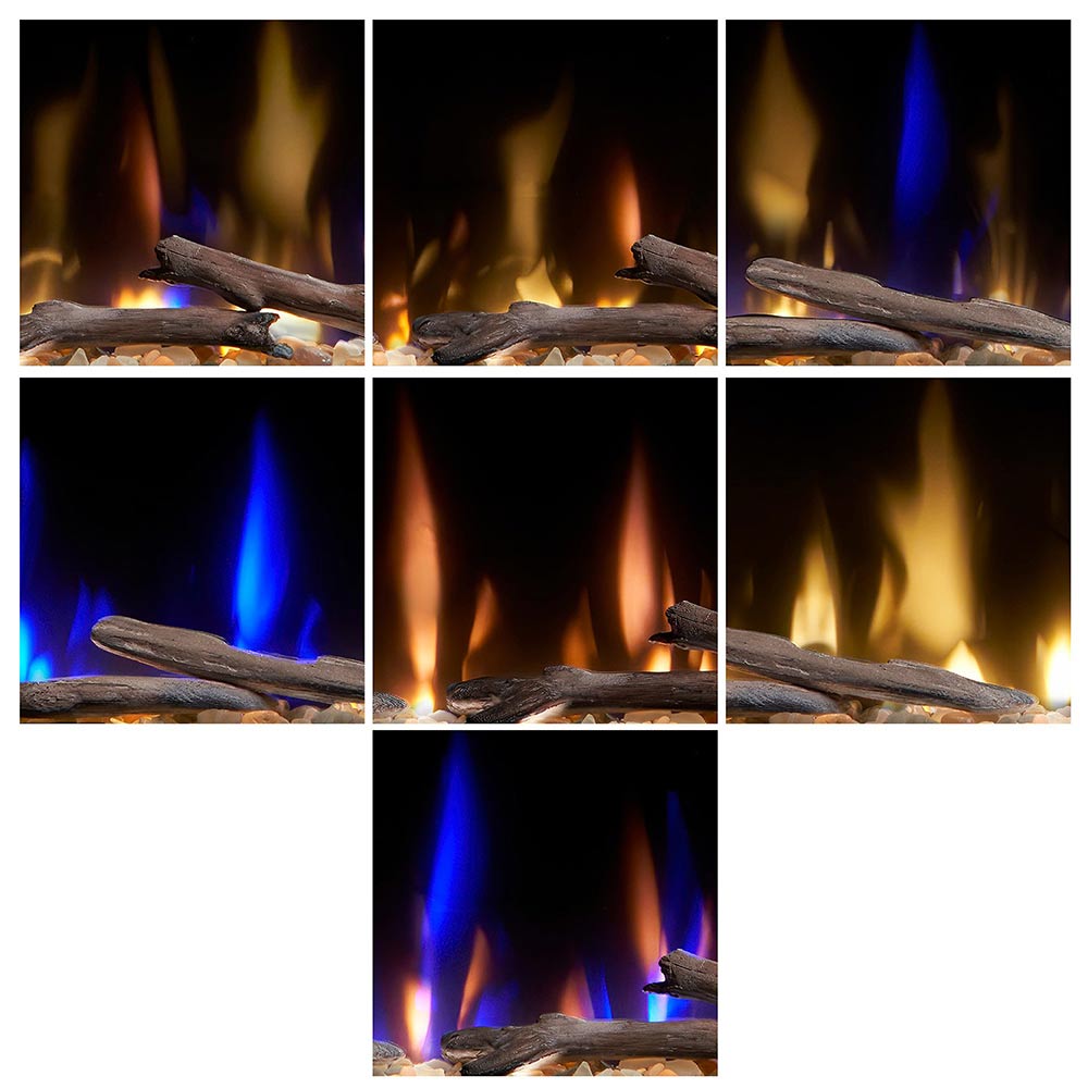 Black linear electric fireplace with glowing log and flame bed, blue and orange flames