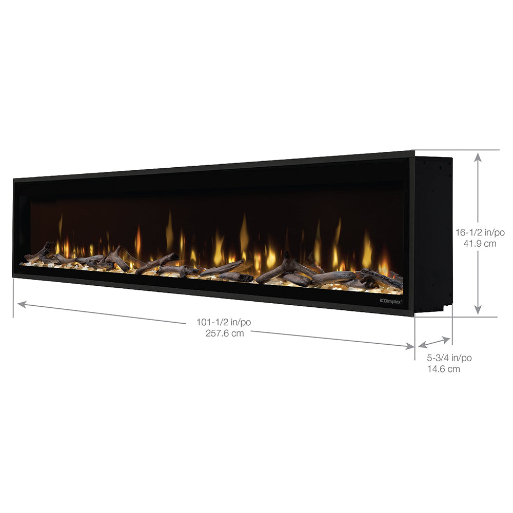 Built-in linear electric fireplace in black with long flame display and log bed